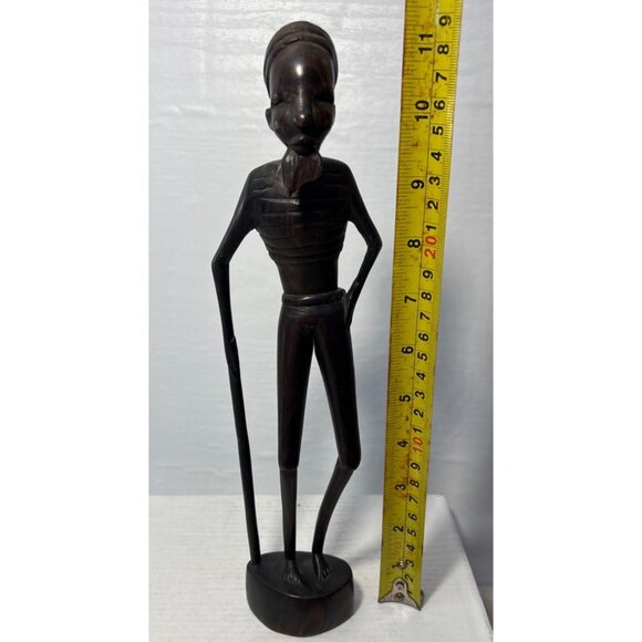 African Man Wood Sculpture with Cane 11" Tall Hand Carved In Tanganyika - Picture 10 of 10
